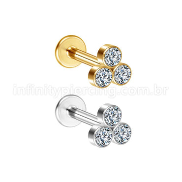 Piercing Labret Aço Cirúrgico 3 Pedras Zircônia
