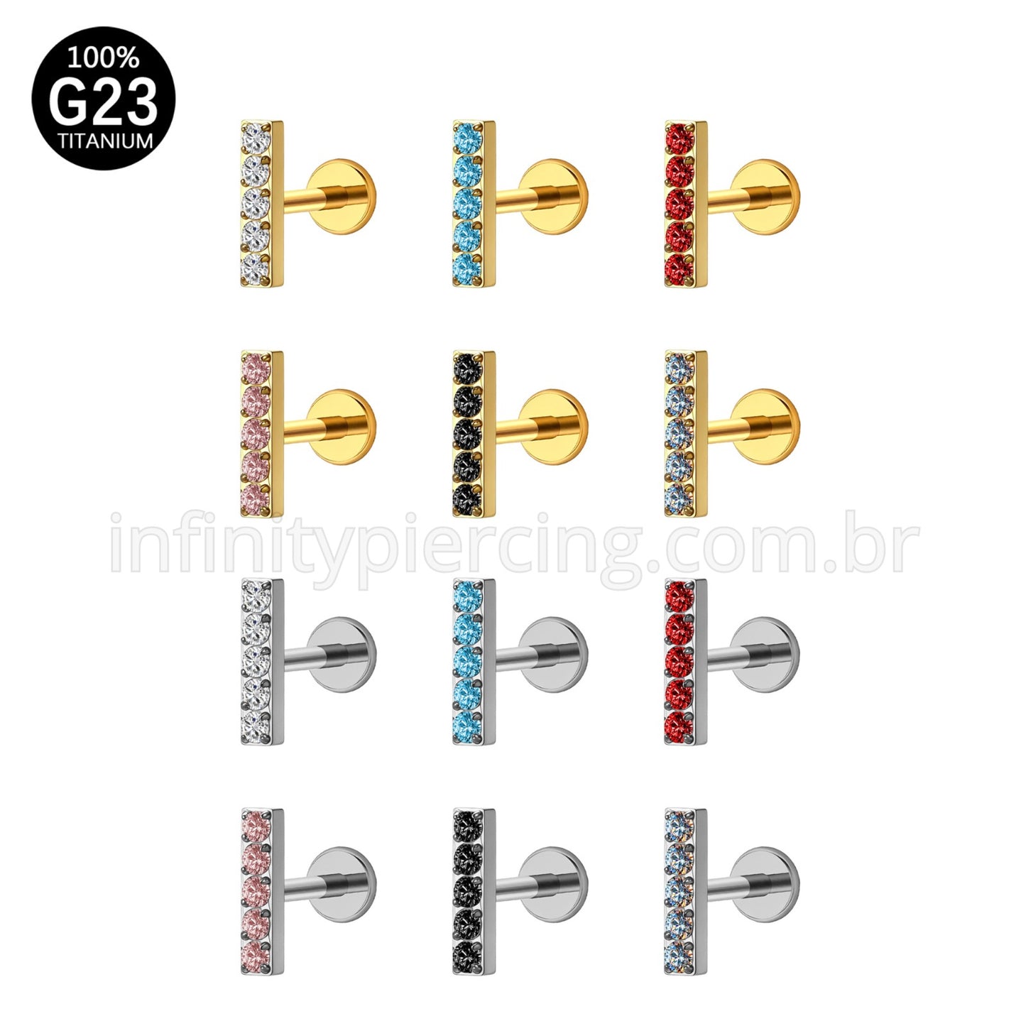 Piercing Labret Titânio Rosca Interna Barra Zircônia Grande