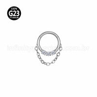 Piercing Argola Titânio Segmento Articulado 3 Pedras Zircônia Com Correntinha
