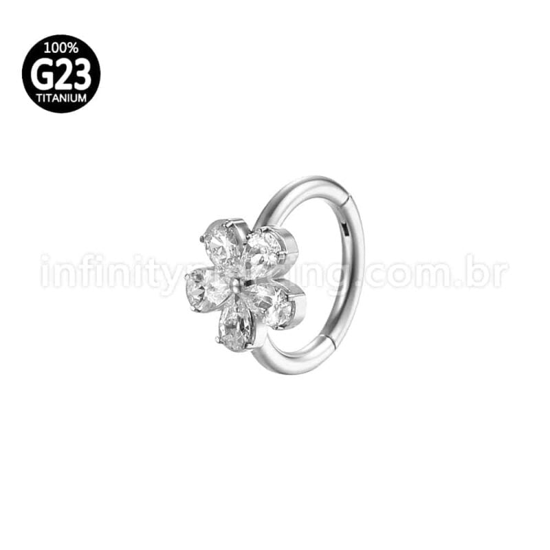 Piercing Argola Titânio Segmento Articulado Flor 5 Pedras