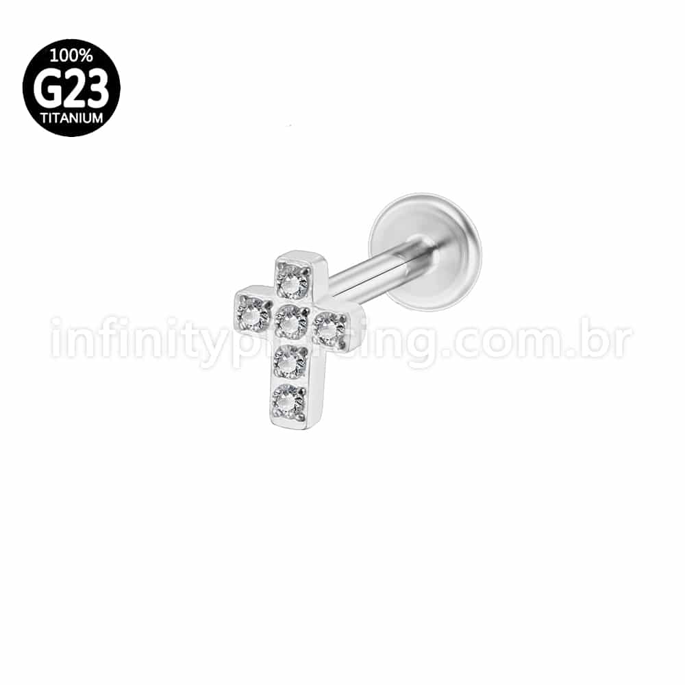 Piercing Labret Titânio Cruz Zircônia Cravejada