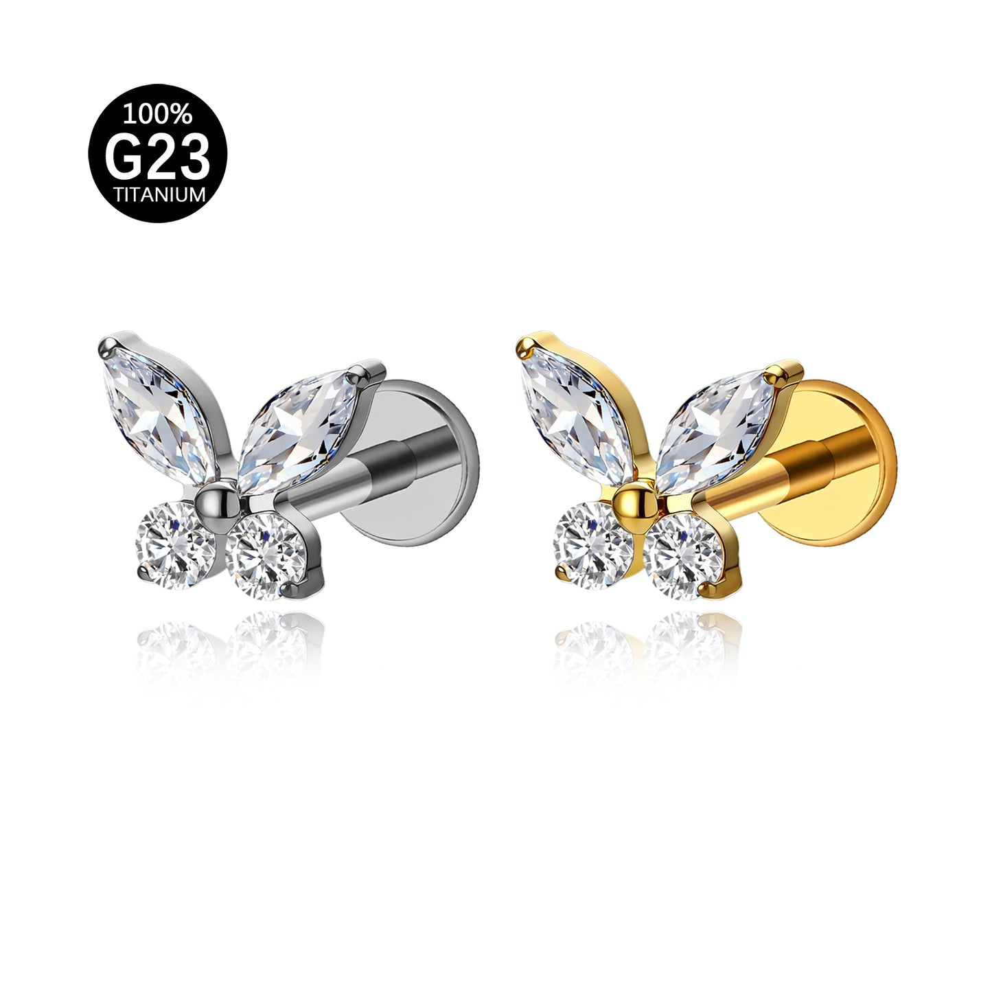 Piercing Labret Titânio Borboleta Zircônia Cravejada