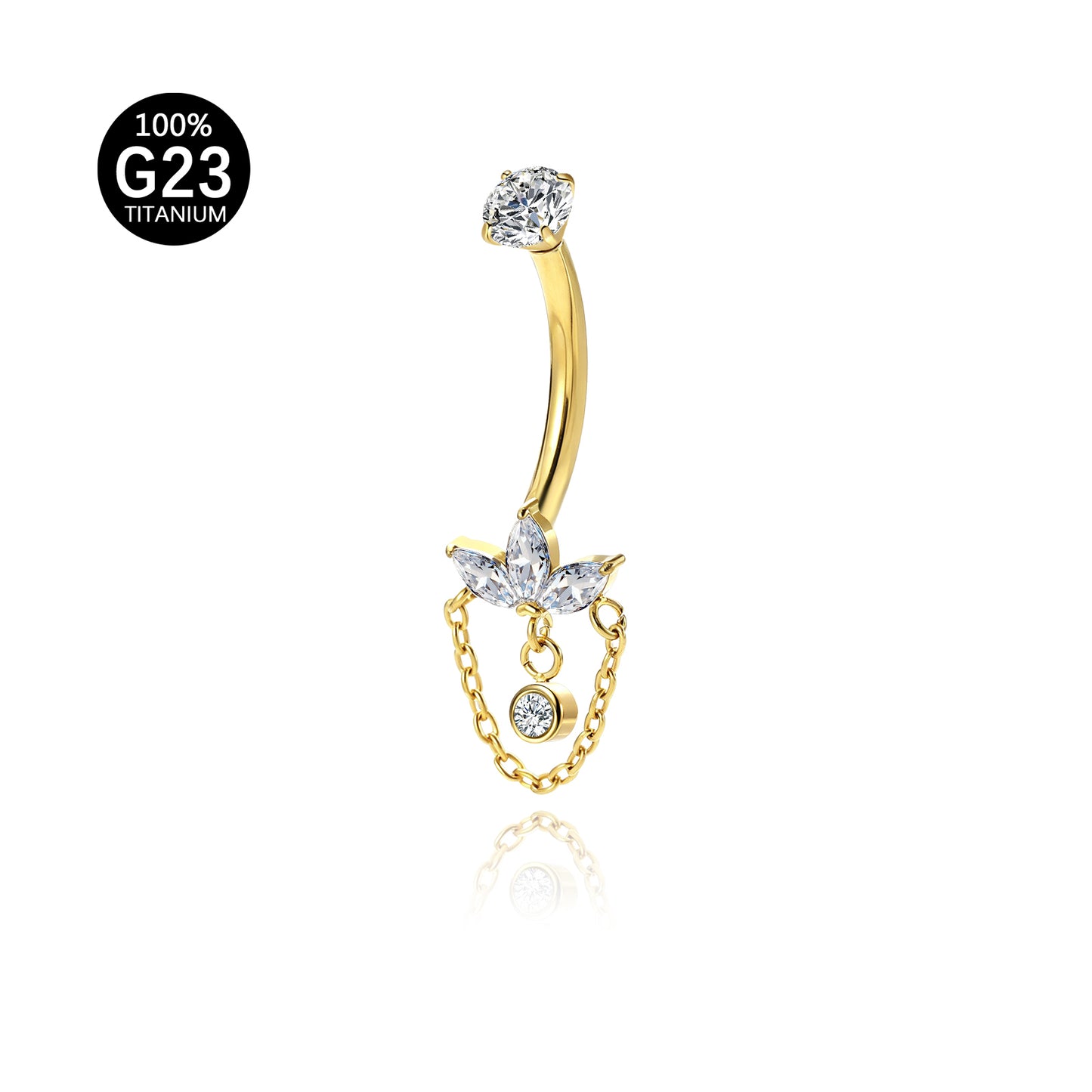 Piercing de Umbigo em Titânio G23 com Corrente Dupla, Zircônia e Pingente de Brilho Diamante – Design Luxuoso e Feminino