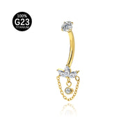Piercing de Umbigo em Titânio G23 com Corrente Dupla, Zircônia e Pingente de Brilho Diamante – Design Luxuoso e Feminino