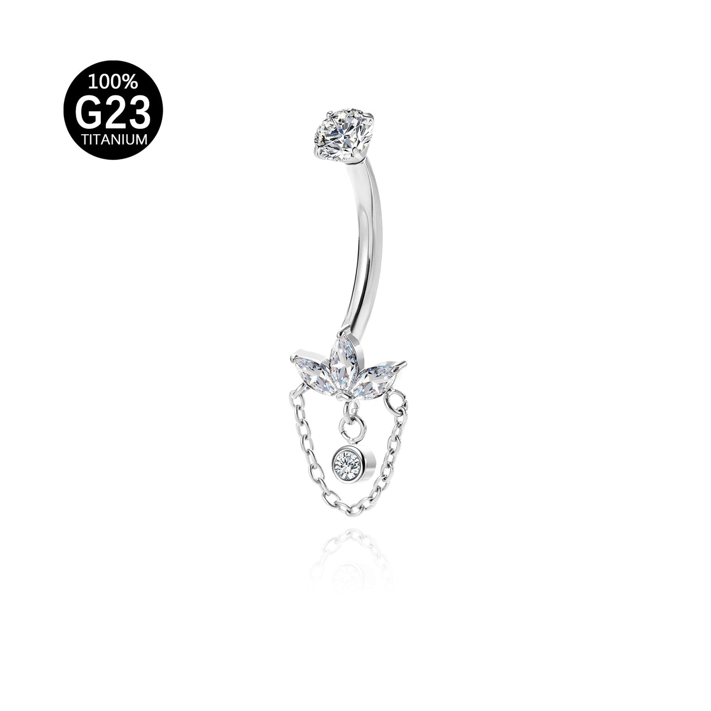 Piercing de Umbigo em Titânio G23 com Corrente Dupla, Zircônia e Pingente de Brilho Diamante – Design Luxuoso e Feminino