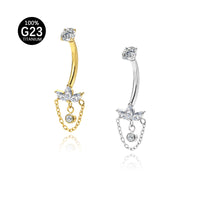 Piercing de Umbigo em Titânio G23 com Corrente Dupla, Zircônia e Pingente de Brilho Diamante – Design Luxuoso e Feminino