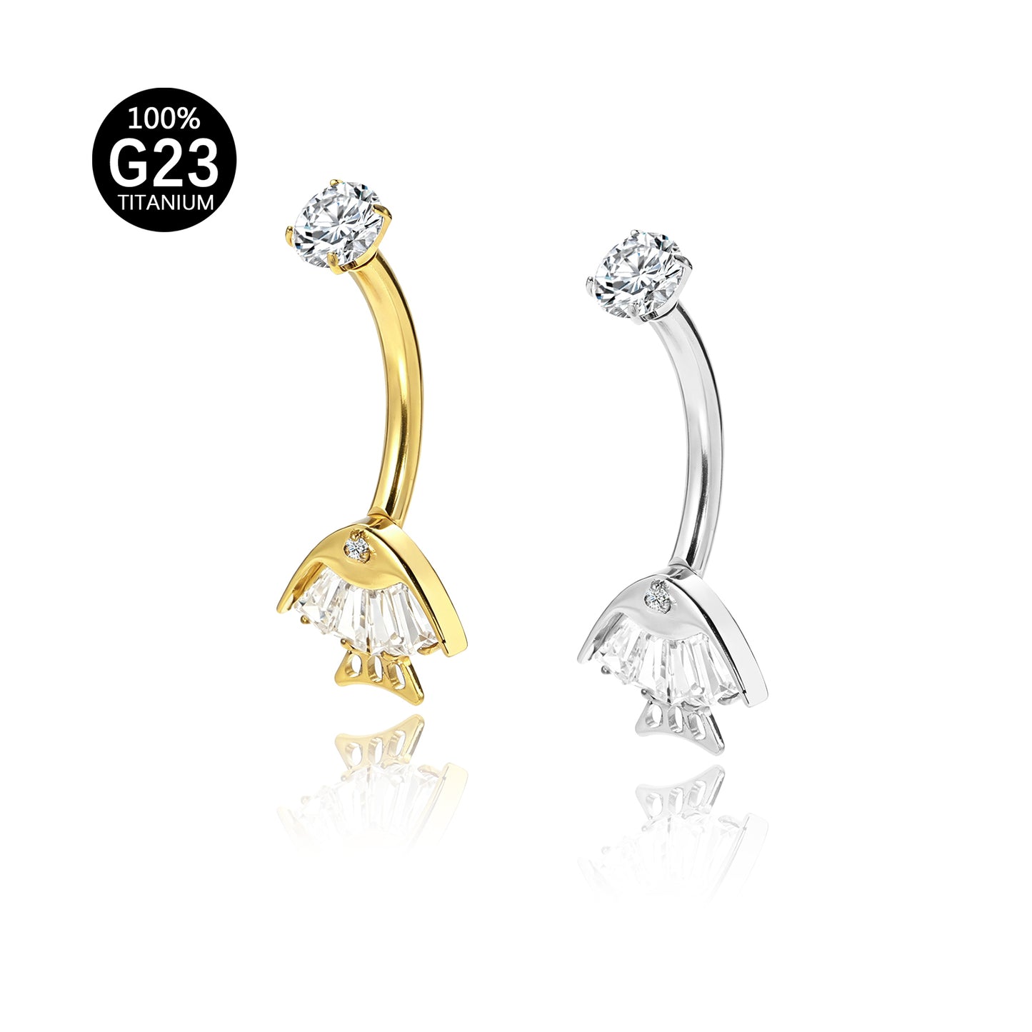 Piercing de Umbigo em Titânio G23 com Duplo Brilho de Zircônia e Detalhe Geométrico – Design Moderno e Elegante