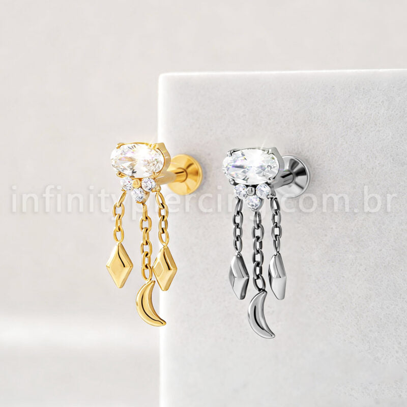 Piercing Labret Titânio Zircônia Oval Com Correntes