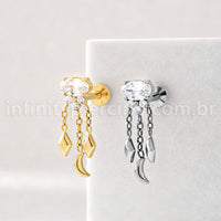 Piercing Labret Titânio Zircônia Oval Com Correntes