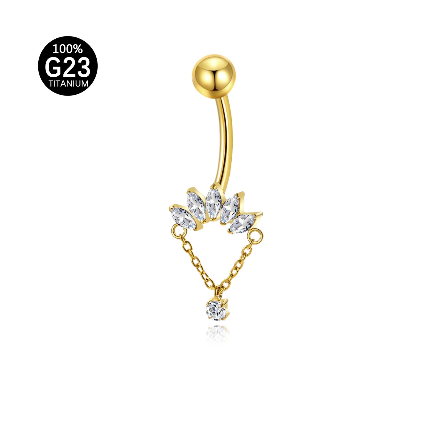 Piercing de Umbigo em Titânio G23 com Corrente Pendente e Zircônia de Alto Brilho – Design Elegante com Movimento Sofisticado