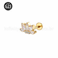 Piercing Labret Titânio Rosca Interna Flor 5 Pedras Zircônia Oval