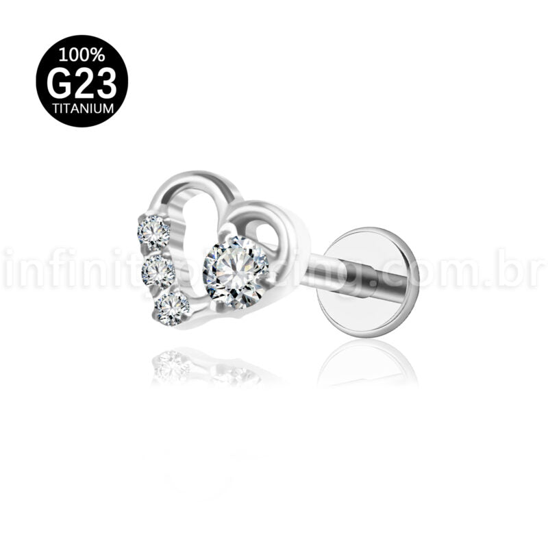 Piercing Labret Titânio Coração Com Zircônia Cravejada