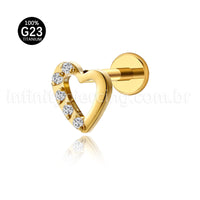 Piercing Labret Titânio Coração Com Zircônia Lateral
