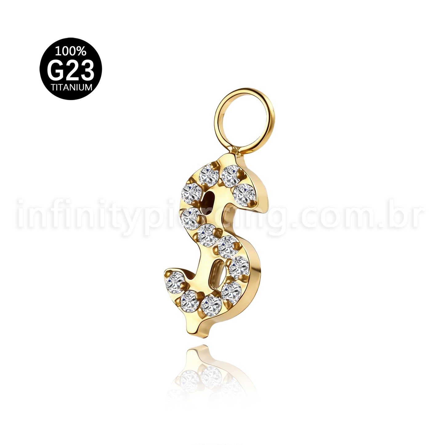 Pingente Para Piercing Titânio Cifrão Zircônia Cravejada