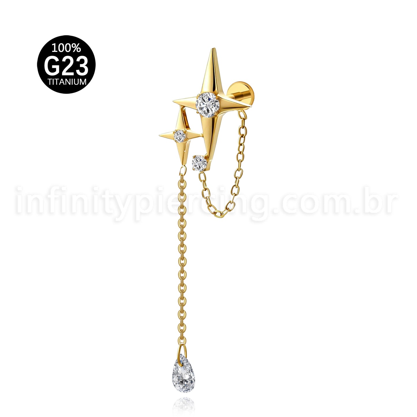 Piercing Labret Titânio Estrela 4 Pontas Com Corrente