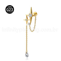 Piercing Labret Titânio Estrela 4 Pontas Com Corrente
