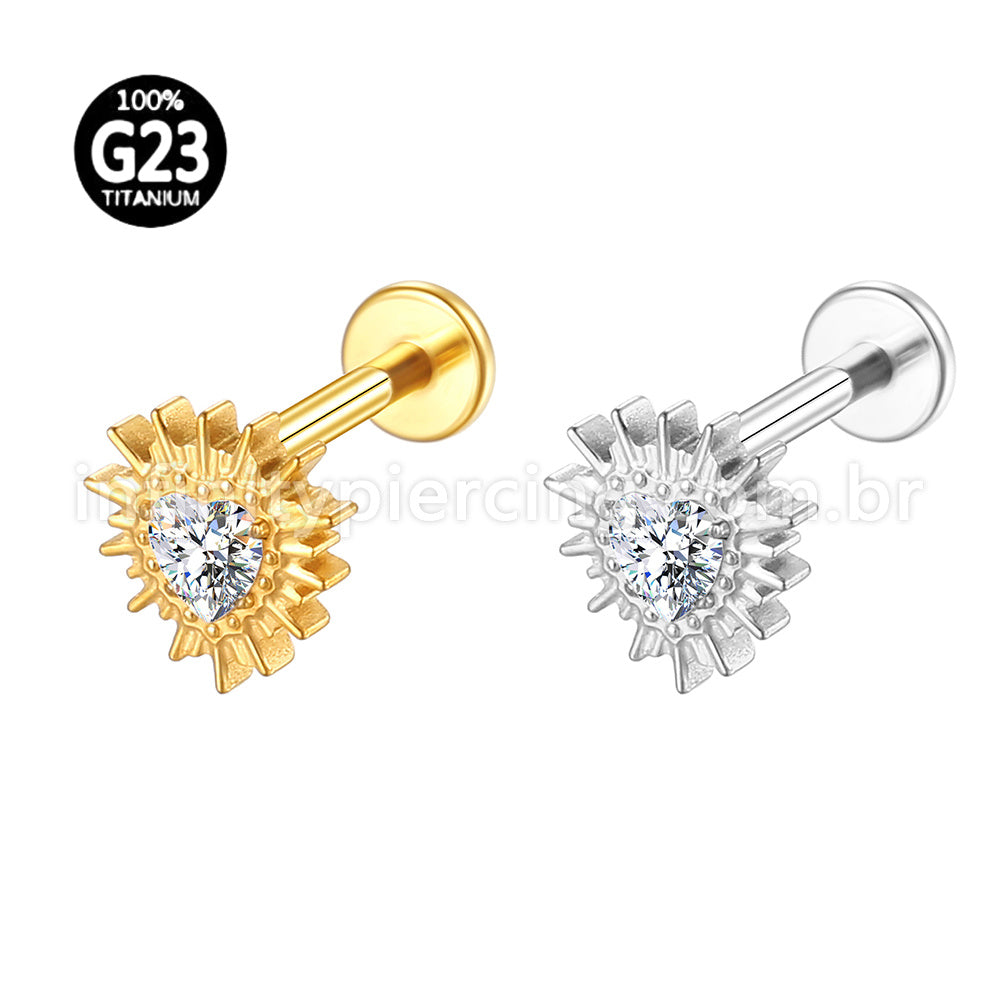 Piercing Labret Titânio Coração Com Detalhes Zircônia Cravejada