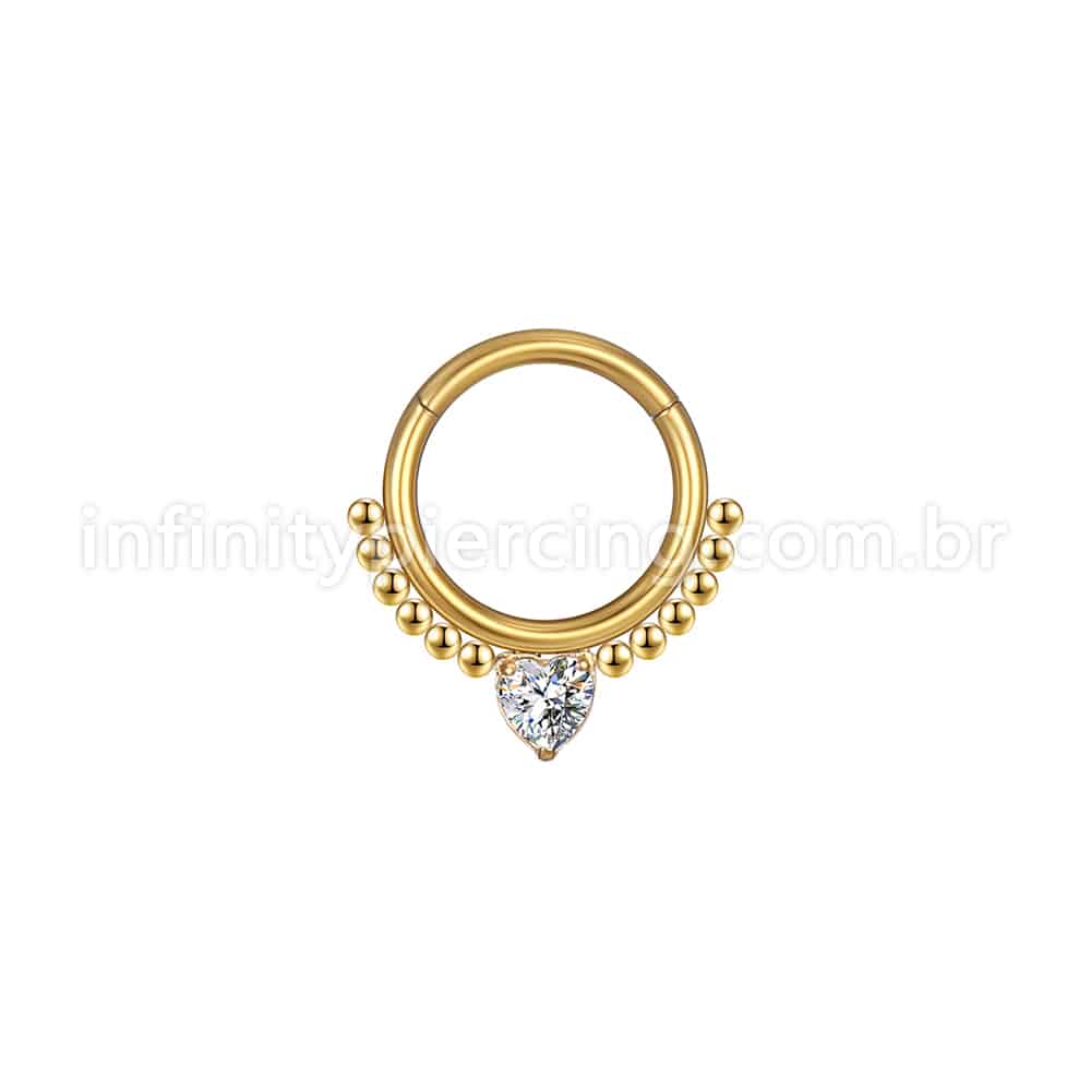 Piercing Argola Aço Cirúrgico Segmento Articulado Bolinhas Zircônia Coração Cravejada