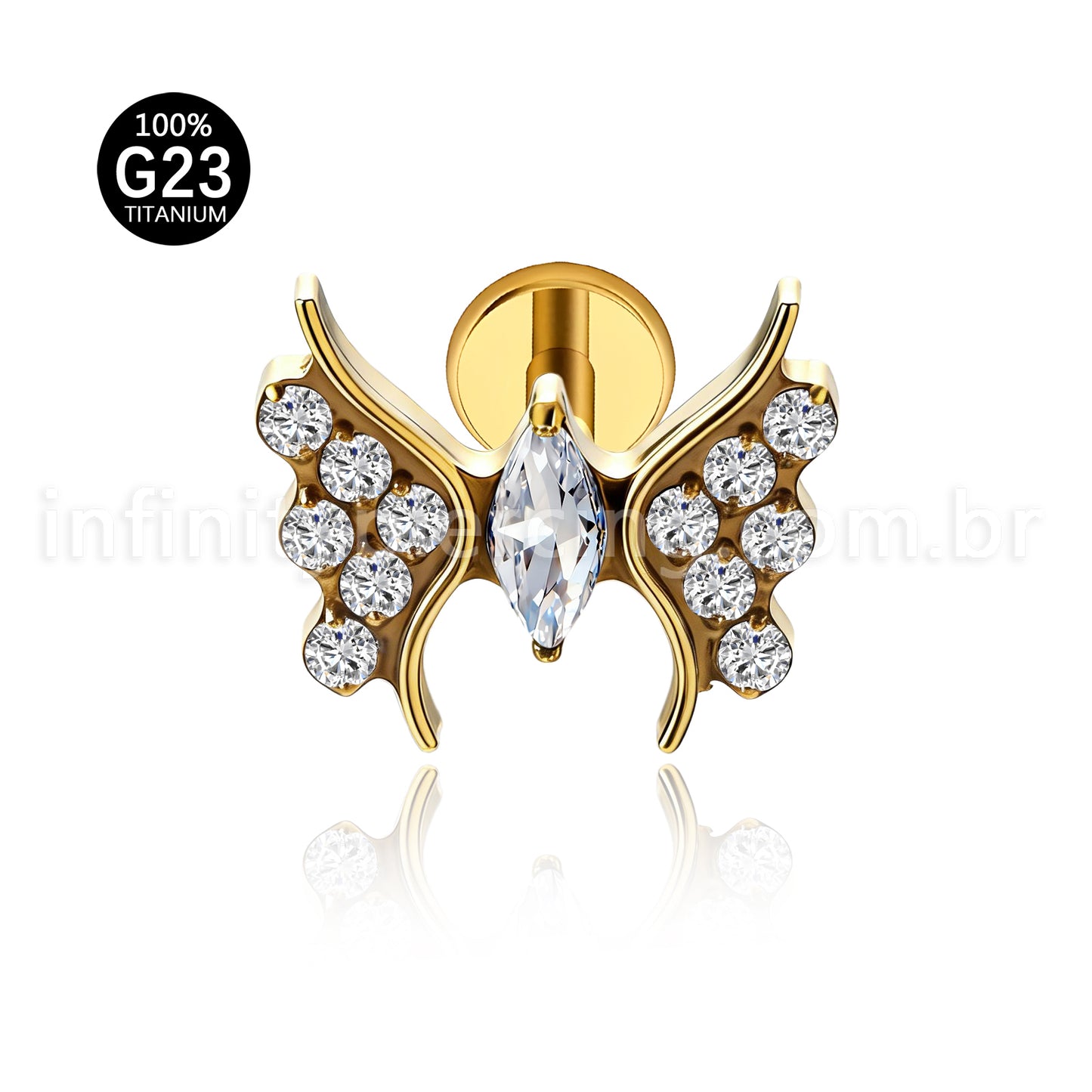 Piercing Labret Titânio Borboleta Zircônia Cravejada