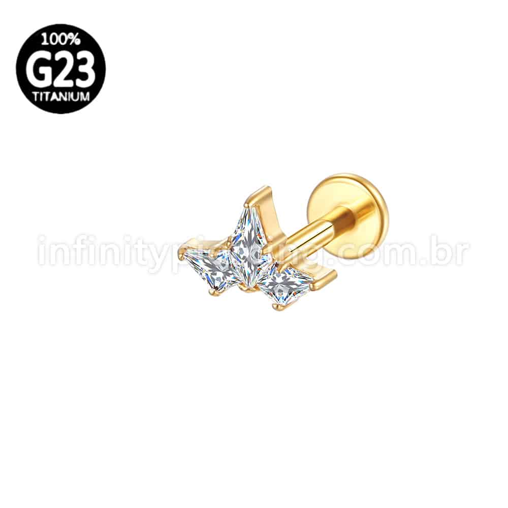 Piercing Labret Titânio 3 Pedras Zircônia Cravejada