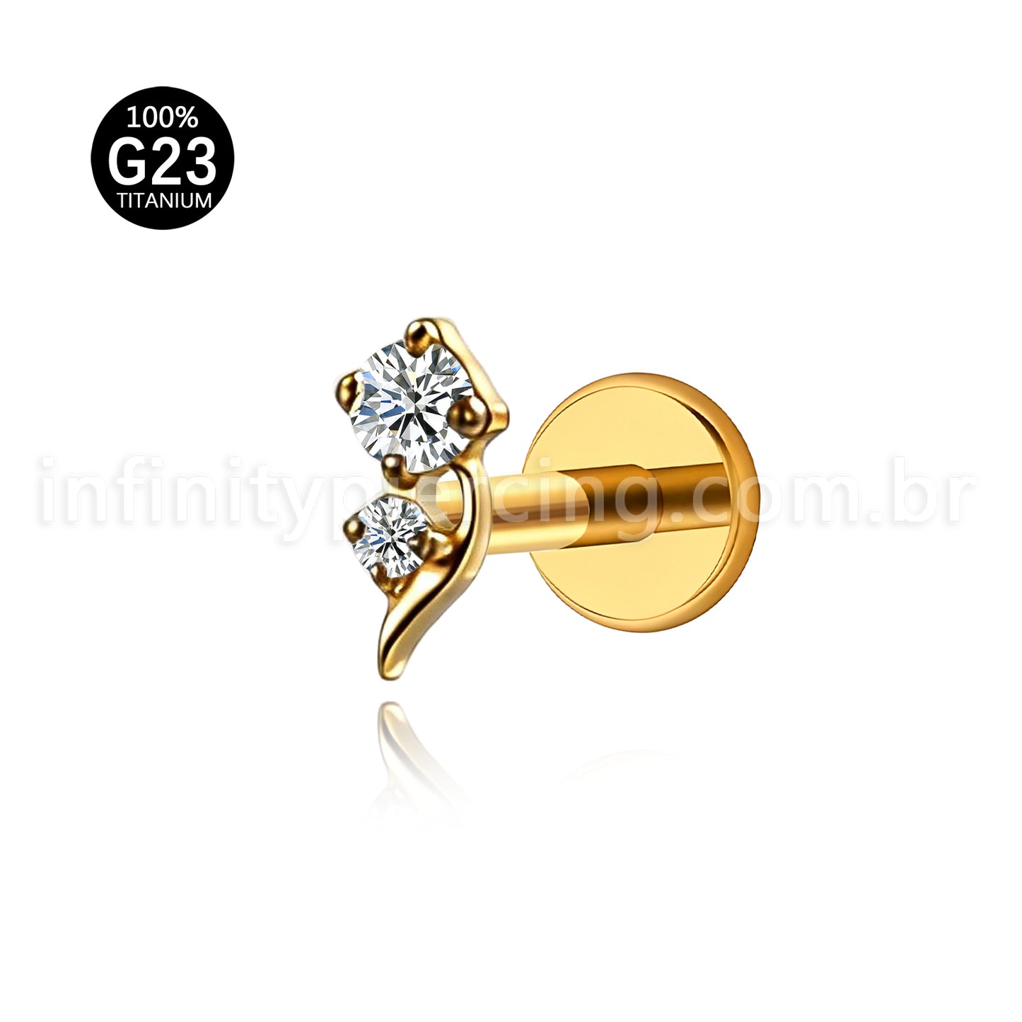 Piercing Labret Titânio 2 Pedras Zircônia Cravejada