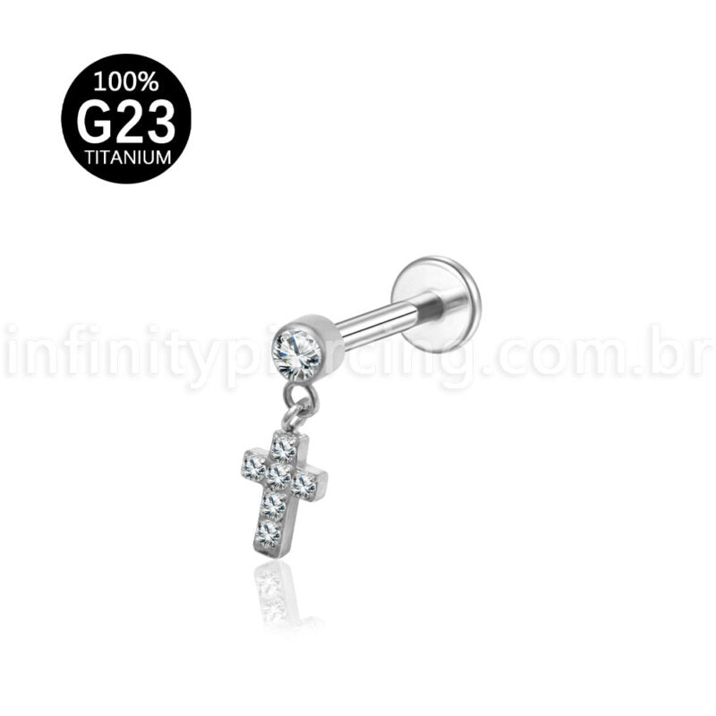 Piercing Labret Titânio Pingente Cruz Cravejada