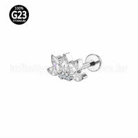 Piercing Labret Titânio Rosca Interna Flor 5 Pedras Zircônia Oval