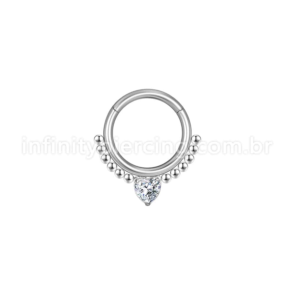 Piercing Argola Aço Cirúrgico Segmento Articulado Bolinhas Zircônia Coração Cravejada