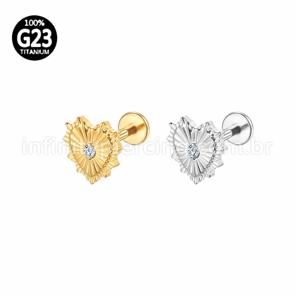Piercing Labret Titânio Coração Detalhada Zircônia Cravejada