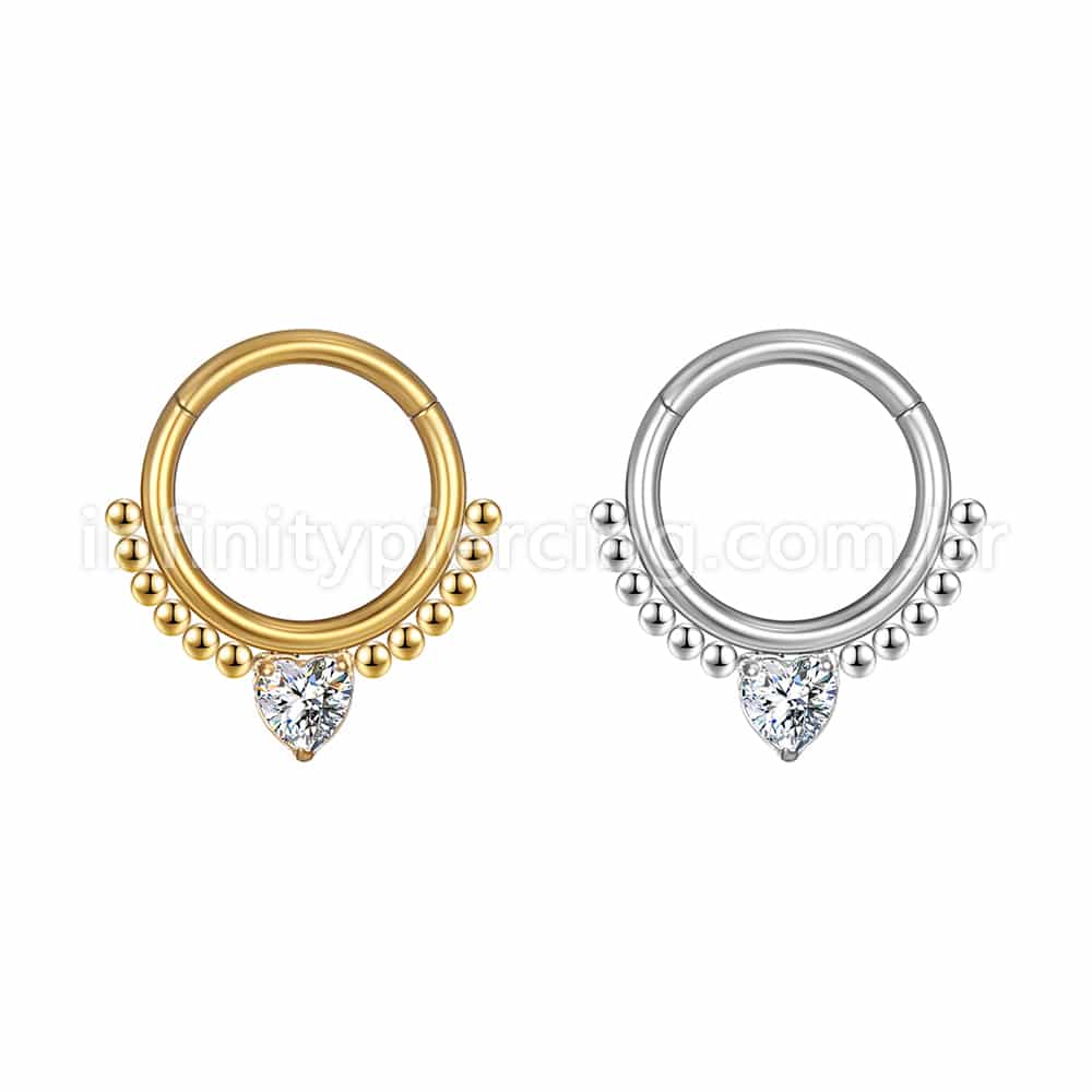 Piercing Argola Aço Cirúrgico Segmento Articulado Bolinhas Zircônia Coração Cravejada