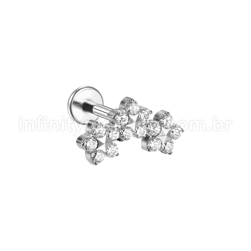 Piercing Labret Aço Cirúrgico Trio De Flores Zircônia Cravejada