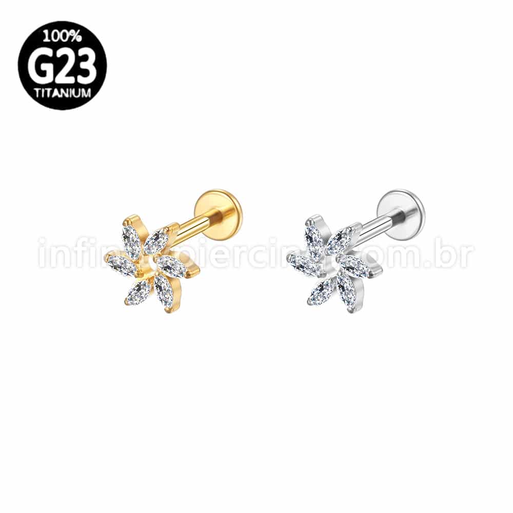 Piercing Labret Titânio Flor Com 6 Zircônias