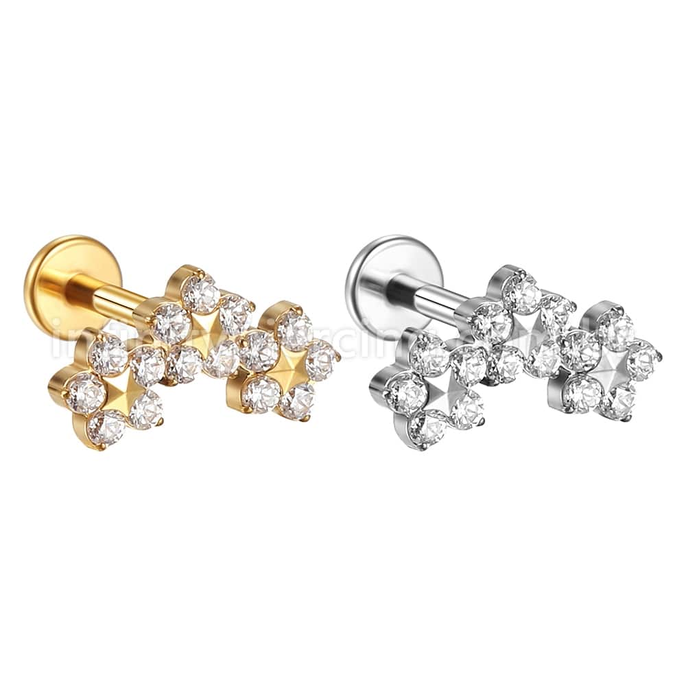 Piercing Labret Aço Cirúrgico Trio De Flores Zircônia Cravejada