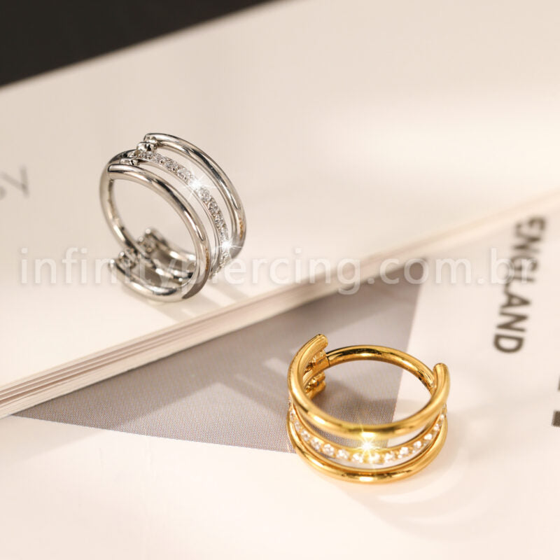 Piercing Argola Titânio Segmento Articulado 1 Fileira Zircônia / 2 Fileiras Lisas