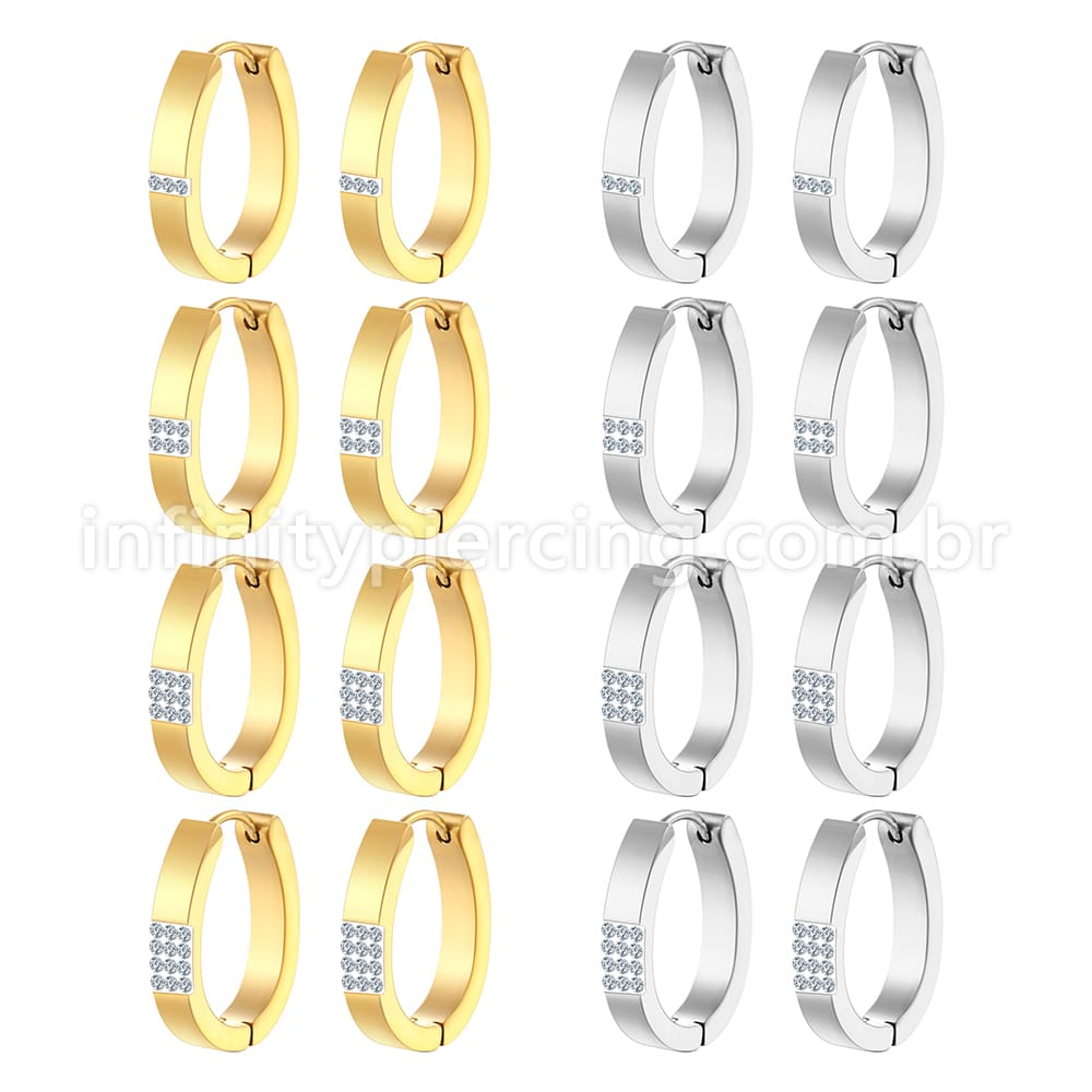 Argola Aço Inoxidável Oval Linhas Strass