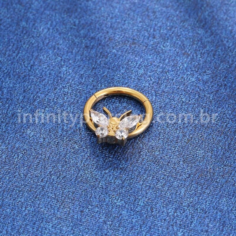 Piercing Argola Titânio Segmento Articulado Borboleta Zircônia Cravejada