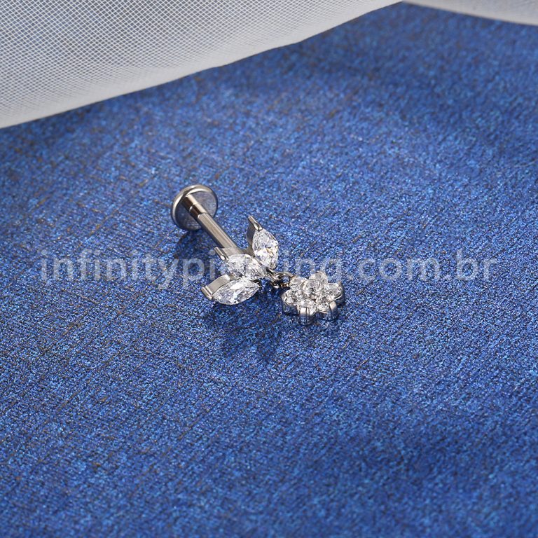 Piercing Labret Titânio Flor Zircônia Cravejada Com Pingente Flor