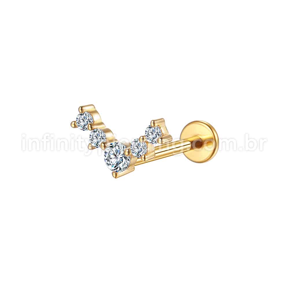Piercing Labret Aço Cirúrgico 5 Pedras Zircônia