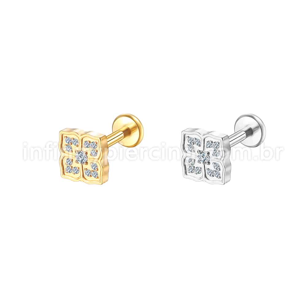 Piercing Labret Aço Cirúrgico Flor Quadrada Zircônia Cravejada