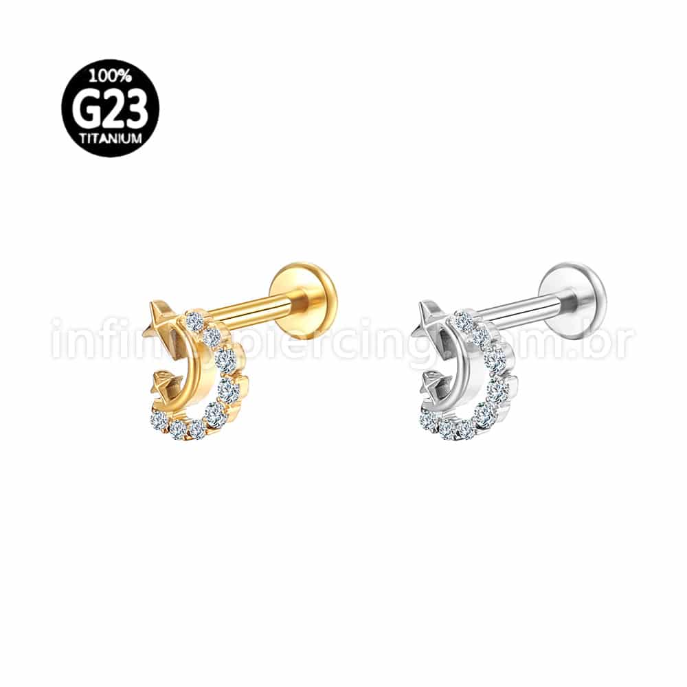 Piercing Labret Titânio Lua/Estrelas Zircônias