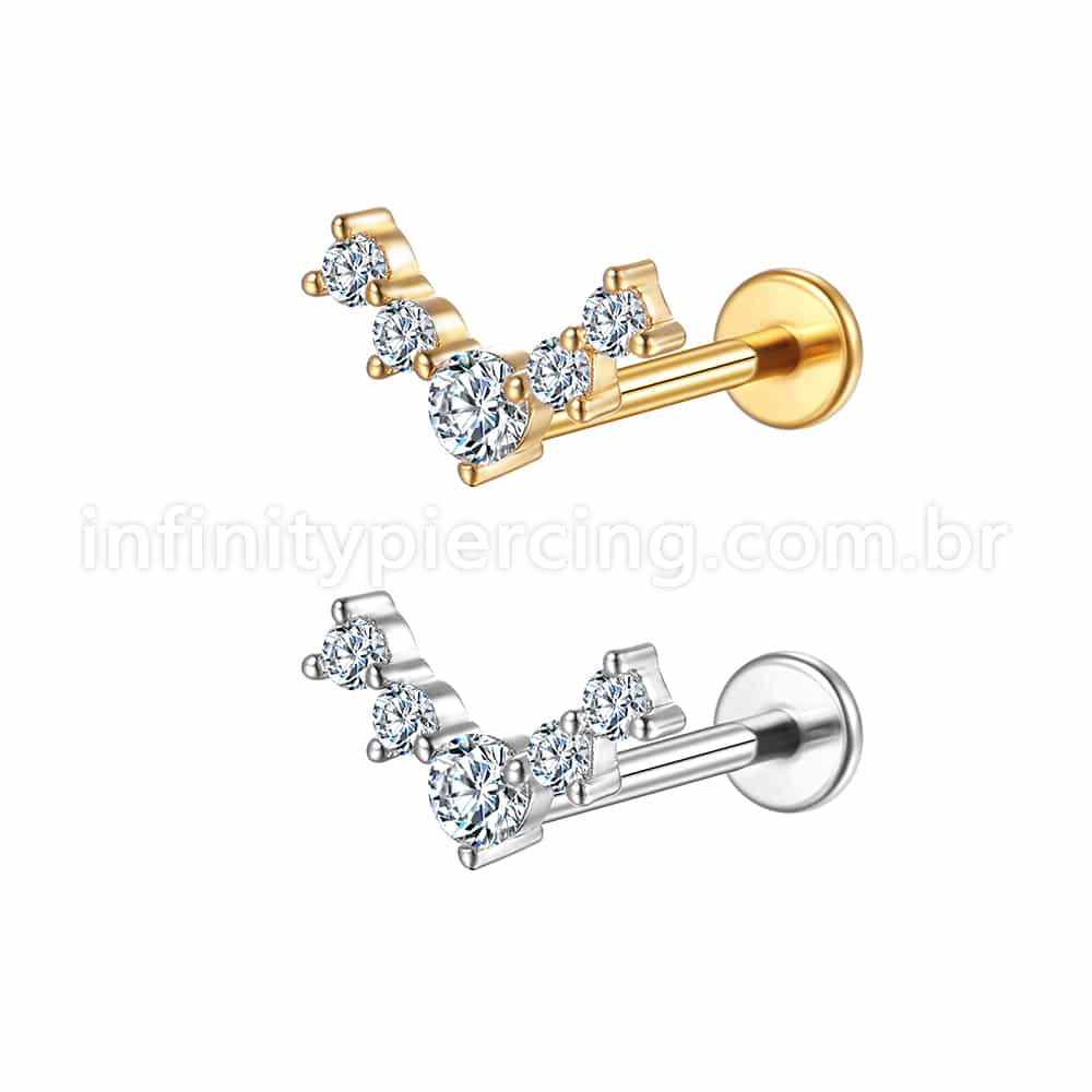 Piercing Labret Aço Cirúrgico 5 Pedras Zircônia
