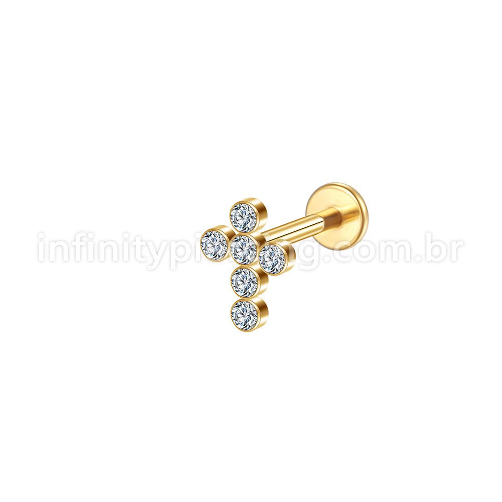 Piercing Labret Aço Cirúrgico Cruz Zircônia Cravada