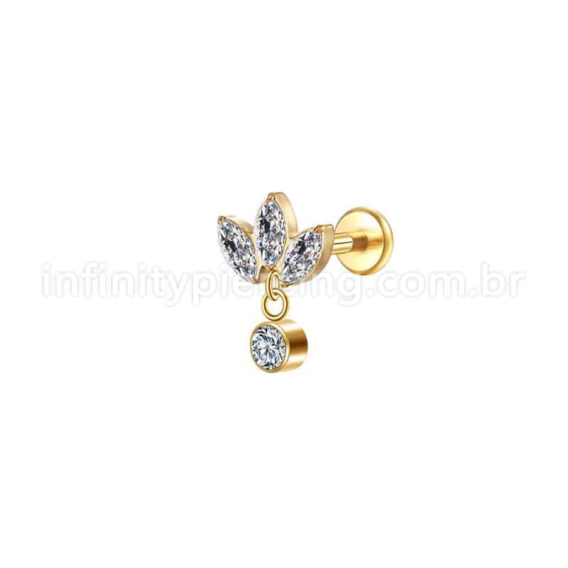 Piercing Labret Aço Cirúrgico Flor De Lotus 3 Zircônias Com Pingente