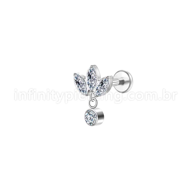 Piercing Labret Aço Cirúrgico Flor De Lotus 3 Zircônias Com Pingente