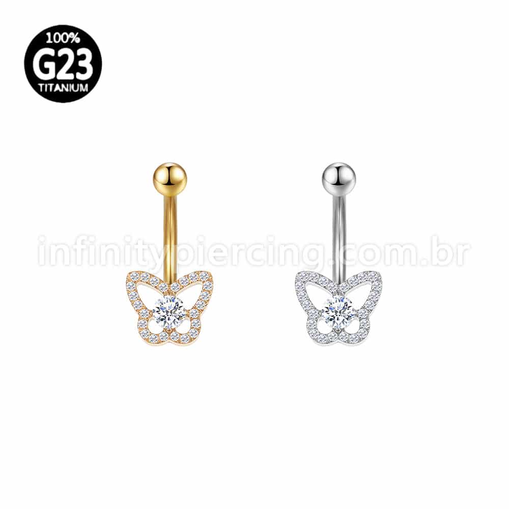 Piercing Banana Titânio Borboleta Zircônia Cravejada