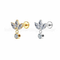Piercing Labret Aço Cirúrgico Flor De Lotus 3 Zircônias Com Pingente