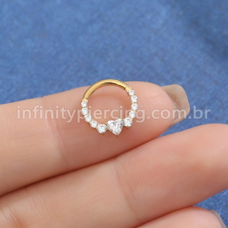 Piercing Argola Titânio Zircônia Coração Cravejada
