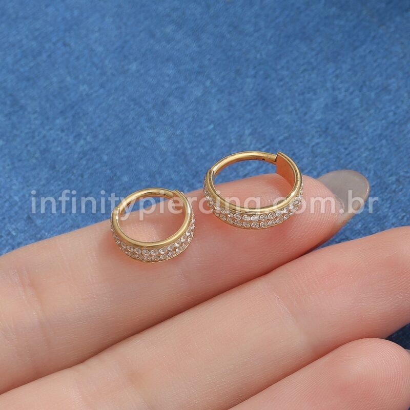 Piercing Argola Aço Cirúrgico Segmento Articulado 2 Fileiras Zircônia Cravejada
