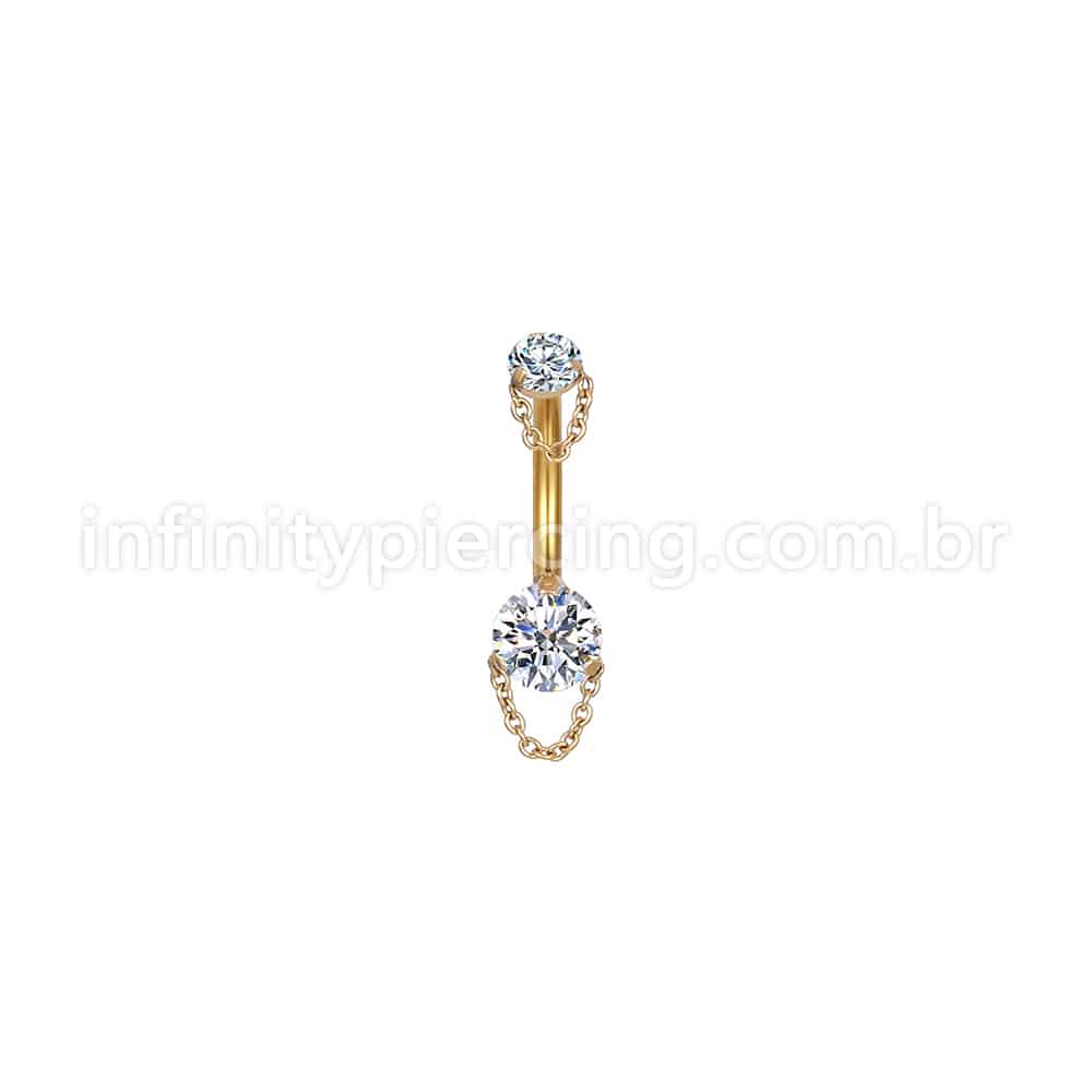Piercing Banana Aço Cirúrgico 2 Pedras Zircônia Com Correntes