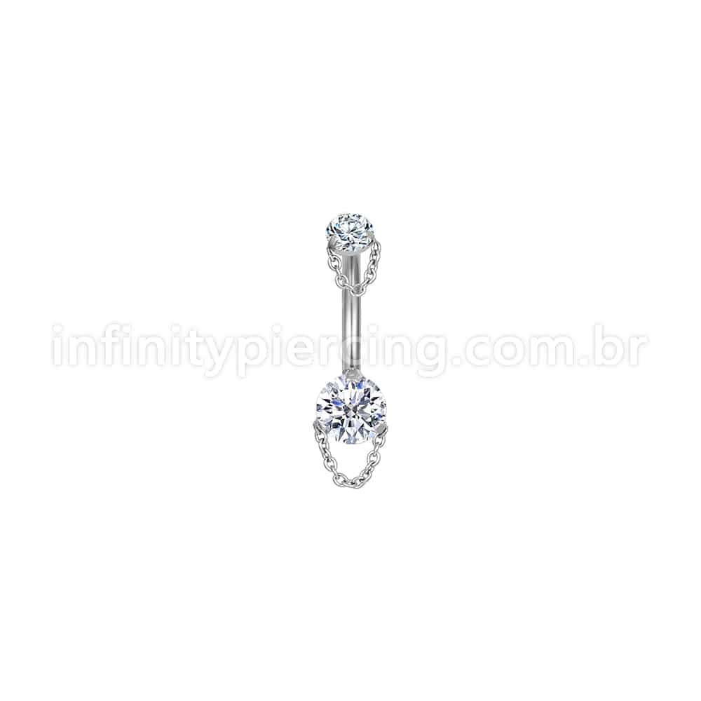 Piercing Banana Aço Cirúrgico 2 Pedras Zircônia Com Correntes